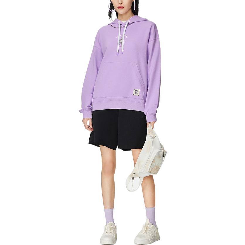 Li-Ning Спортивная серия Trend, свободная толстовка с капюшоном и вышивкой растений, толстовка с длинными рукавами, женские топы, фиолетовый AWDS920-2