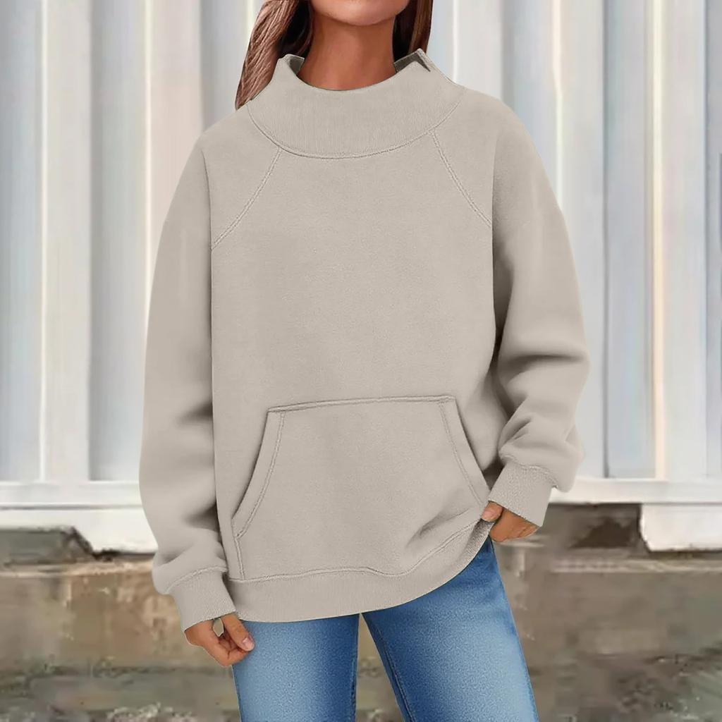 Women's Fashion Oversized Fleece-Lined Long-Sleeve High-Neck Pullover Solid Color Sweatshirt