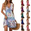 Women's Summer Dress V Neck Sleeveless Casual Textured Print Hem Pleated Dress
