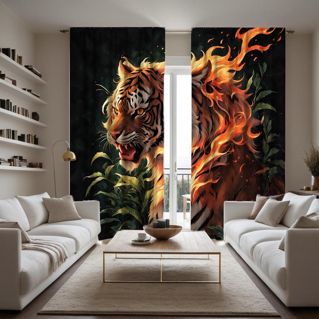2-PCS HD Digital Black Color Dominating Tiger Curtains Home Decorating Style Decoration Living Room Bedroom Through Rod Curtai