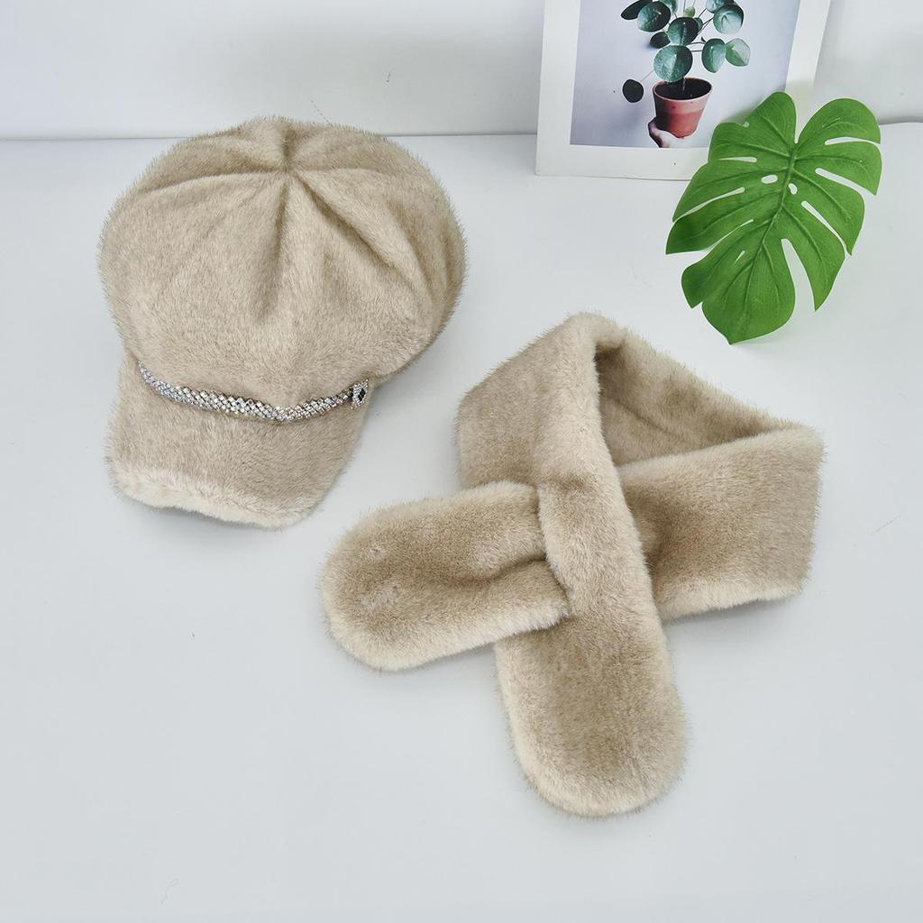 Роскошная берет-шапка из искусственного меха норки с козырьком для женщин, Зимний комплект: шапка и шарф, Уличный берет с козырьком, украшенный стразами