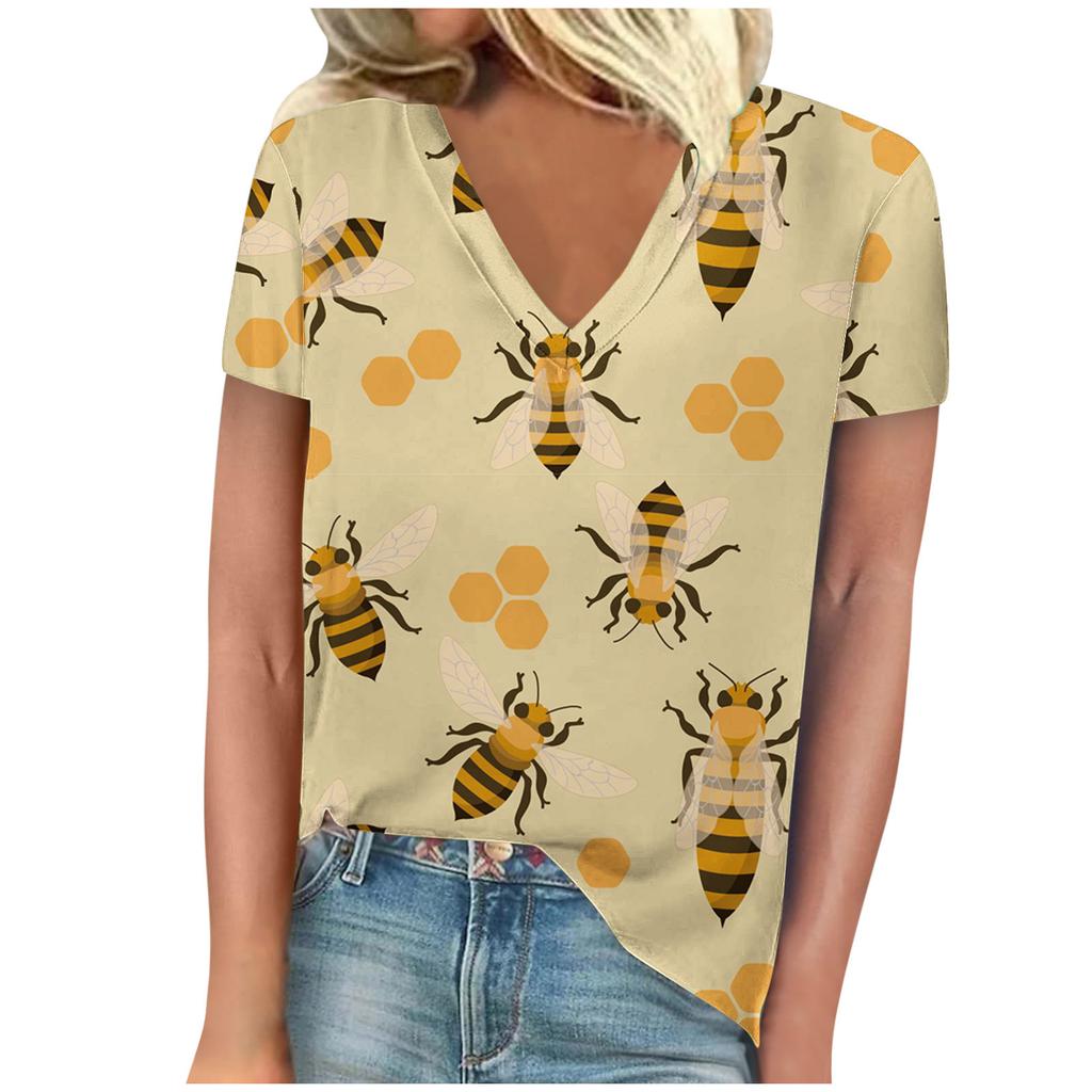 Винтажная женская футболка с принтом пчелы, с коротким рукавом, с V-образным вырезом, удобные футболки