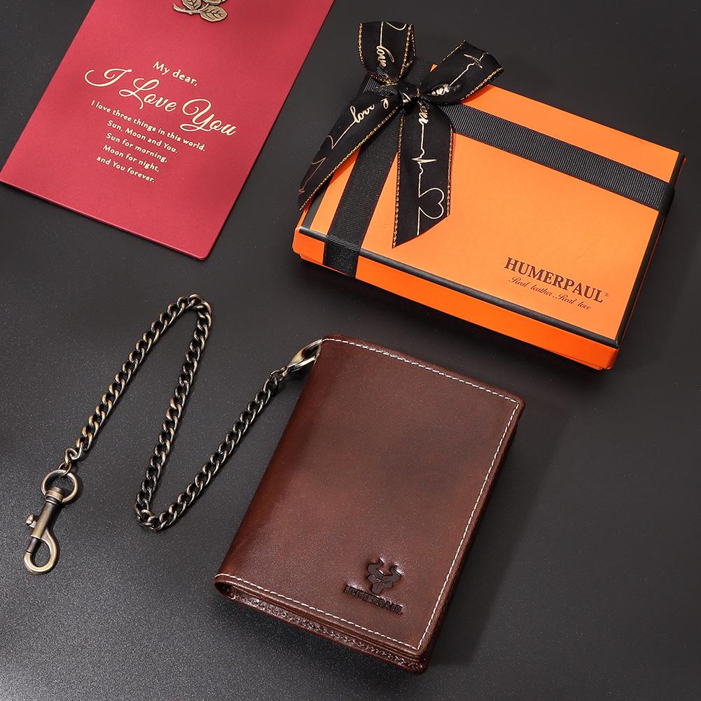 Humerpaul Упаковка подарочной коробки Натуральная кожа Мужской кошелек Rfid-кисть Тонкая сумка для карточек Противоугонная цепочка