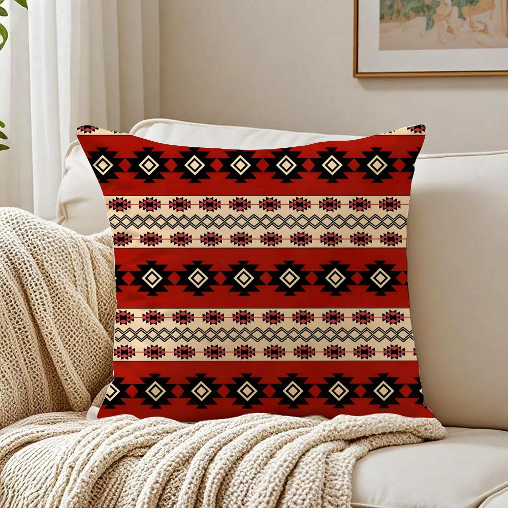Red Bohemian Style Pillow Case Double-Sided Plush Sofa Cushion Covers Organic Breathable Invisible Zipper