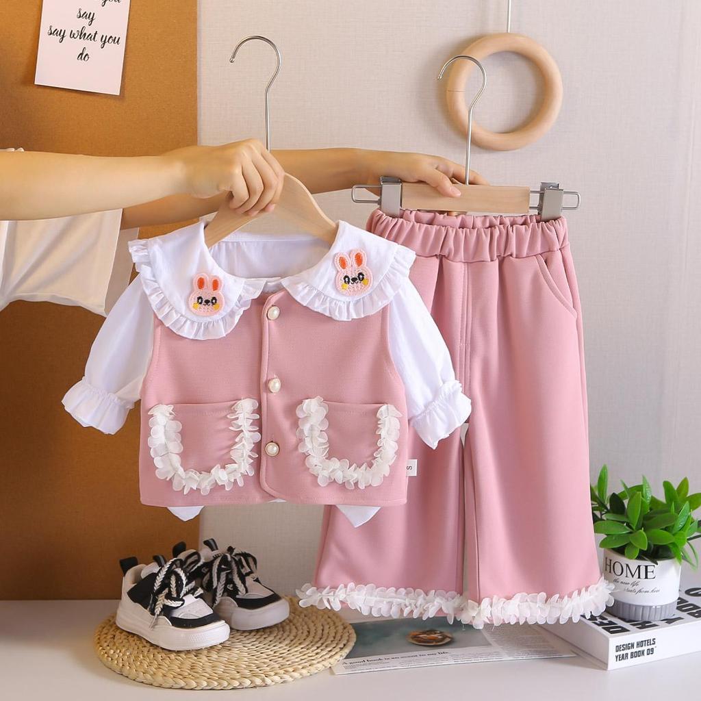 Girls' Long Sleeved 3-piece Set, Cute Lace Vest for Girls Aged 0-5+lapel Shirt+matching Long Pants Set, High-quality Clothes