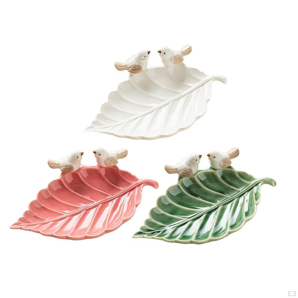 Leaf Trinket Tray with Birds Statue Snack Plate Necklace Key Holder for Room Decor