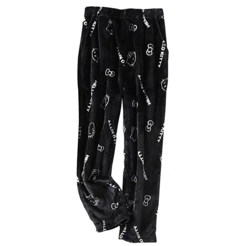 Women's Cartoon KT Cat Flannel Sleep Pants - Thick, Fleece-lined, Warm Homewear for Autumn & Winter