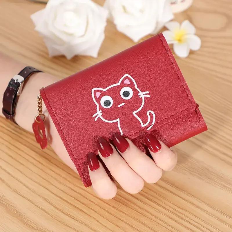 Новый женский кошелек с милым кошачьим принтом, короткий кожаный кошелек, маленький кошелек, модные женские и женские сумки для денег, кошельки с держателем для карт