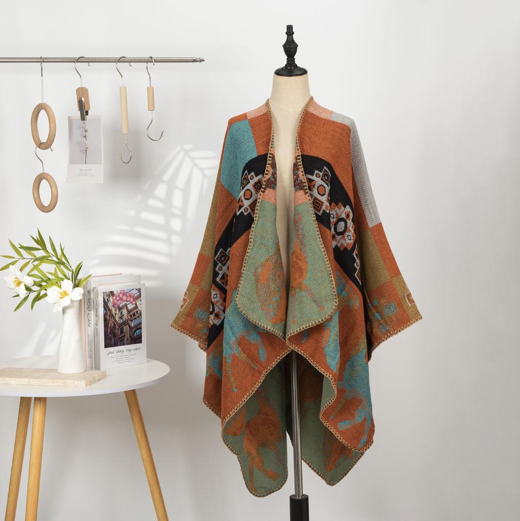 Этнический стиль Принтованная шаль Имитация кашемира Кейп с разрезами Теплый шарф Куртка Ретро Литературный Большая шаль Женская