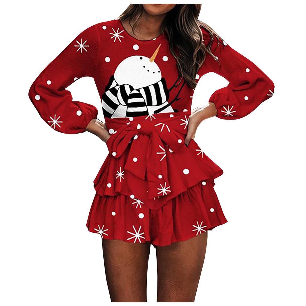 Women's Fashion Casual Christmas Print  Halter Multi-layer Skirt With Waistband And  Long Sleeves Knee-length Dress