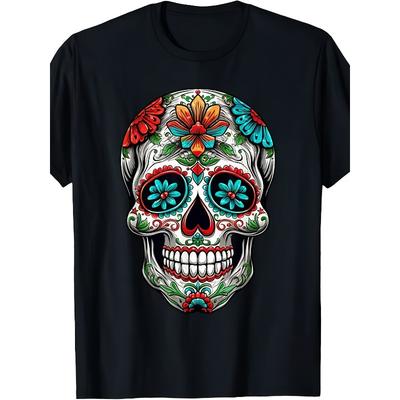 Европейские размеры Мужская футболка с изображением сахарного черепа Dia de los Muertos - Мексиканская футболка с графическим принтом ко Дню мертвых с ярким цветочным узором