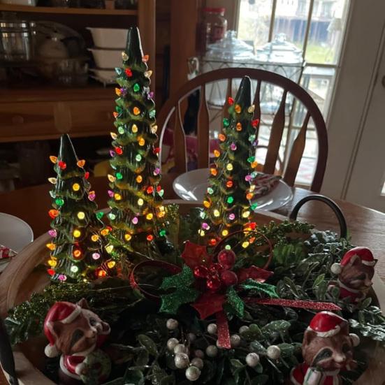 Pre-Lit Hand-Painted Resin Tabletop Christmas Tree Small Light Up Holiday Tree Decoration