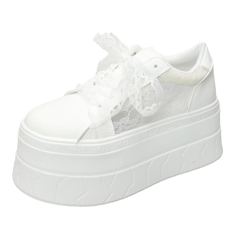 Fashion Sexy Lace Mesh Flat Lace-up Womens Shoes White Summer Round Toe Platform Thick Botton Genuine Leather Sneaker Zapatillas Mujer
