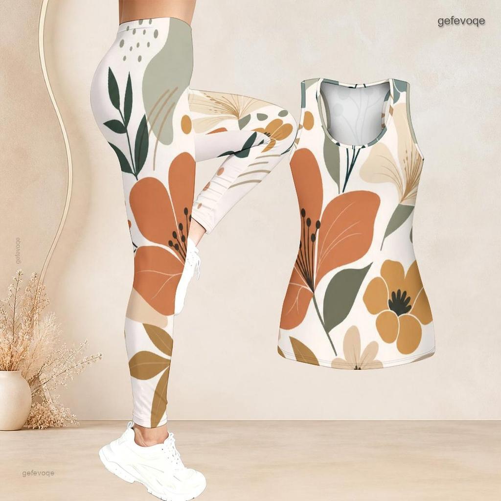 Women Plus Size Floral Printed Two Piece Set Scoop Neck Sleeveless Tank Top Fitted Pants