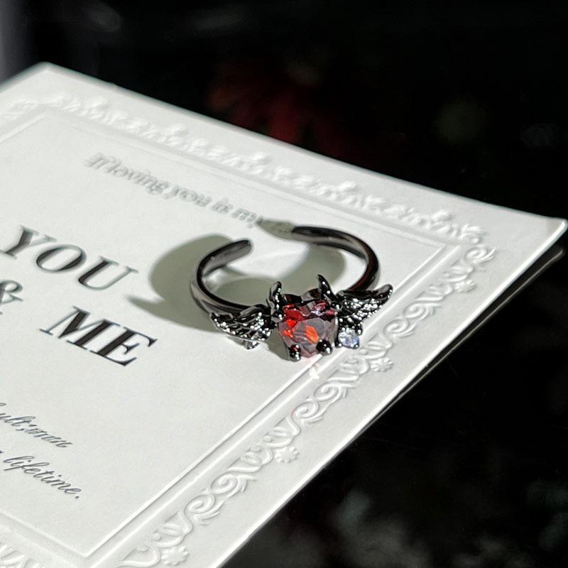 Personality dark red crescent star fashion open ring female tide cool black wings neutral wind punk niche index finger ring