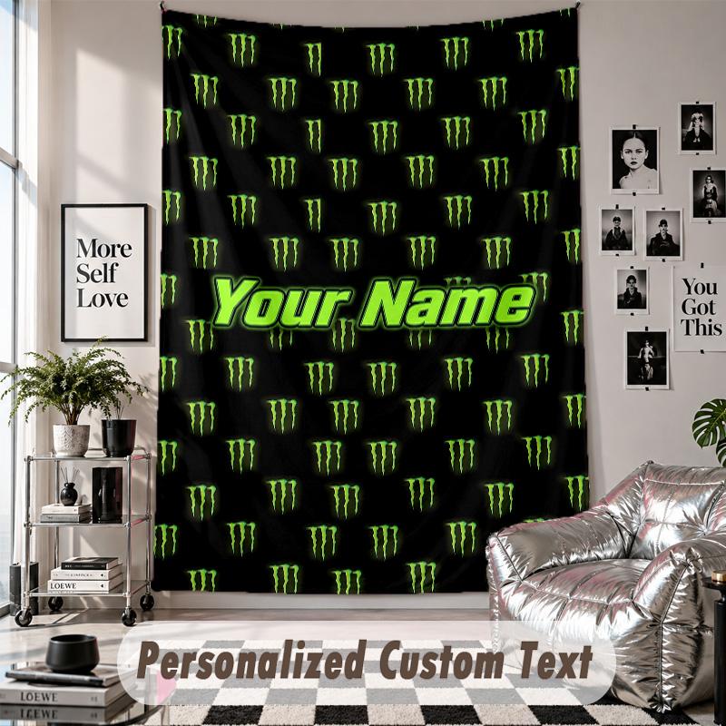 Wall Hanging Tapestry With Custom Name & Text, Monster Energy Decorative Tapestry For Bedroom