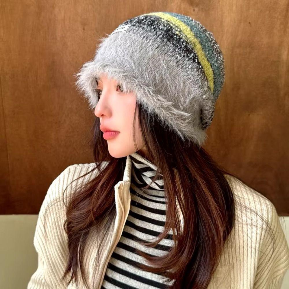 Autumn Winter Y2k Striped Hat Korean Women Beanie Hat Vintage Slouchy Woolen Hat  Outdoor