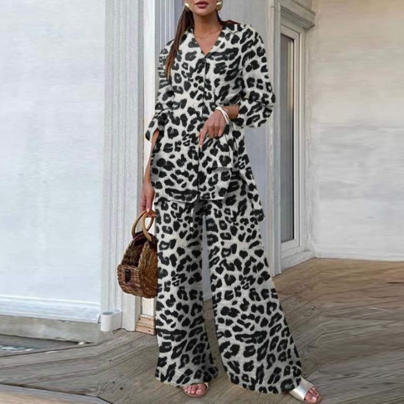 Spring Women's 2-piece Fashion Top Women's Leopard Print Wide-leg Pants Casual Loose Suit