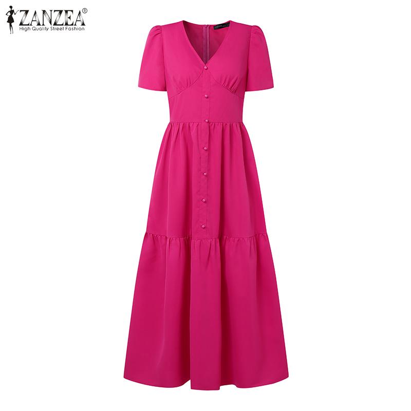 ZANZEA Женское летнее повседневное длинное платье с V-образным вырезом и коротким рукавом