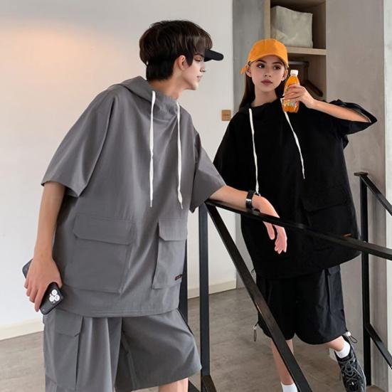 2 шт./компл. повседневный наряд унисекс, футболка с капюшоном и короткими рукавами, эластичный шнурок на талии, широкие шорты, комплект, однотонный свободный крой, наряд
