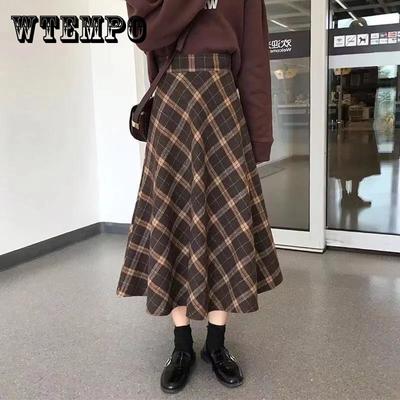 Шерстяная клетчатая юбка женская, осенне-зимняя, новый стиль, свободная ретро в британском стиле, сумка средней длины с высокой талией, длинная юбка трапециевидной формы на бедрах