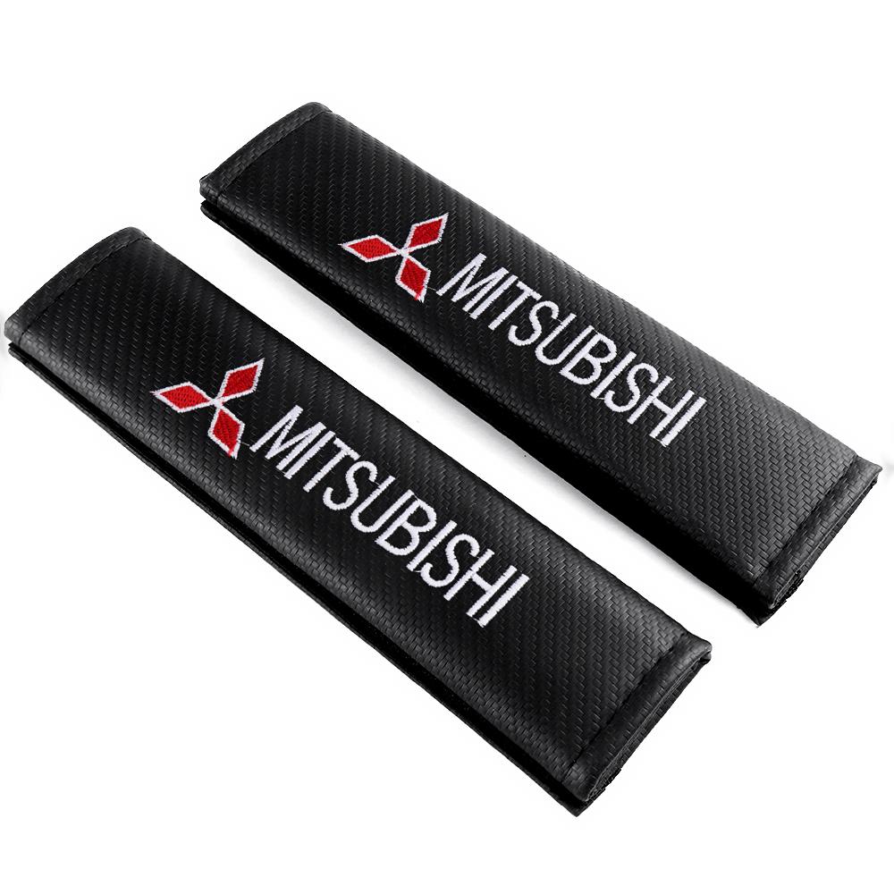 lqjn6 1/2Pcs Mitsubishi Logo Leather Seat Belt Shoulder Cover Protection Pads For X EX L200 Colt Outlander Pajero Lancer Eclipse Cross