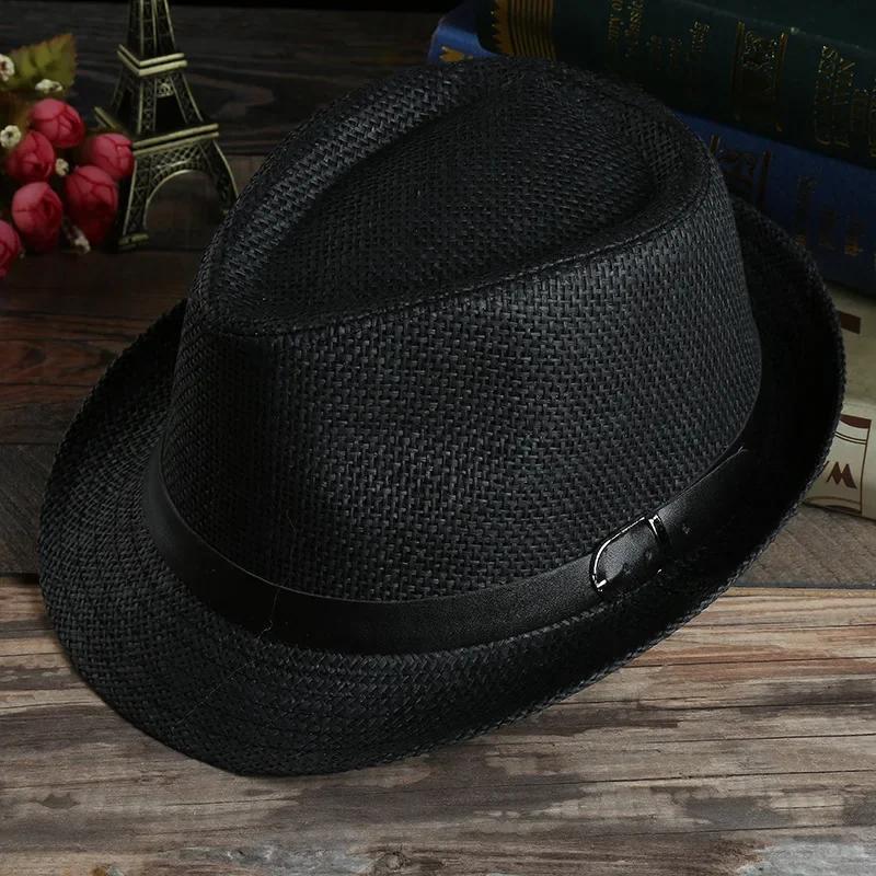 Men's Fashion Woven Straw Sunshade Hats Casual Buckle Beach Sun Wedding Black with Belt Head Accessories Gifts Decor