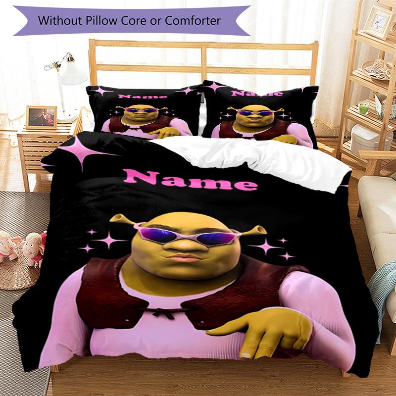 3pcs Custom Name Shrek Bedding Set Duvet Cover Closure Includes 1 Duvet Cover & 2 Pillowcases, Soft and Comfortable for All Seasons.