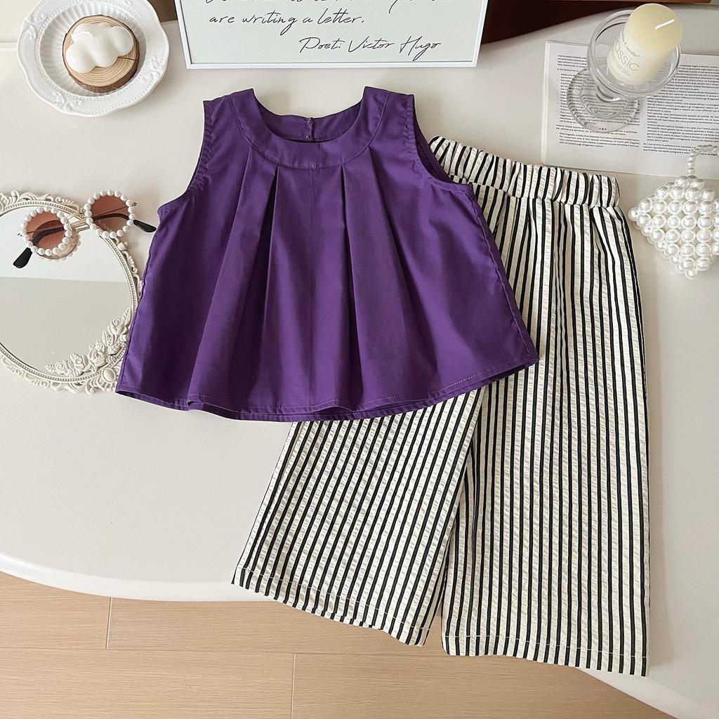 Girls Summer Cute Fresh Temperament Set Sleeveless Top + Striped Pants Two Piece Set