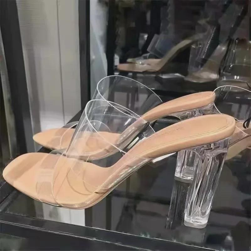 Женские модные босоножки на высоком каблуке с толстым каблуком и прозрачным ремешком, лето 2025 г.