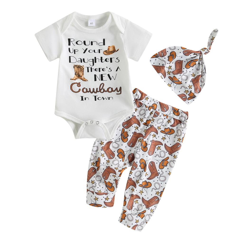 Infant Boys Summer Clothes Outfits Letter Print Crew Neck Short Sleeve Romper Cow Head/Boots Print Pants Hat 3Pcs Suit