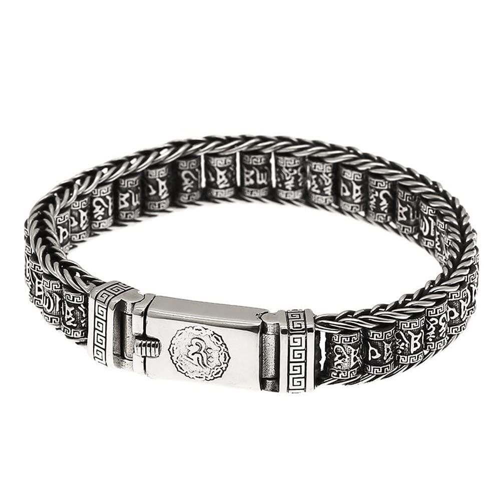 Rockyu Silver Mantra Roller Bracelet with Chinese and Heart Sutra Protection from Good and Fashion Accessory Men's Hui-mo (Curve) Design, Six-Syllable