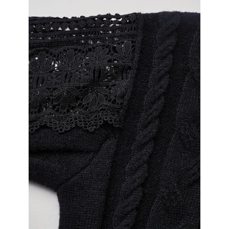 Элегантный женский свитер с кружевной отделкой - воротник-стойка, геометрический узор, осенне-зимний стильСвитер-топ