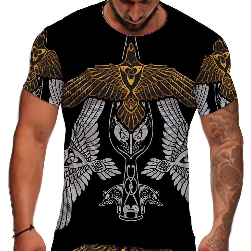 Vintage Wings Graffiti Digital Print Men's Novelty Short Sleeve Crew Neck T-shirt, Summer Outdoor