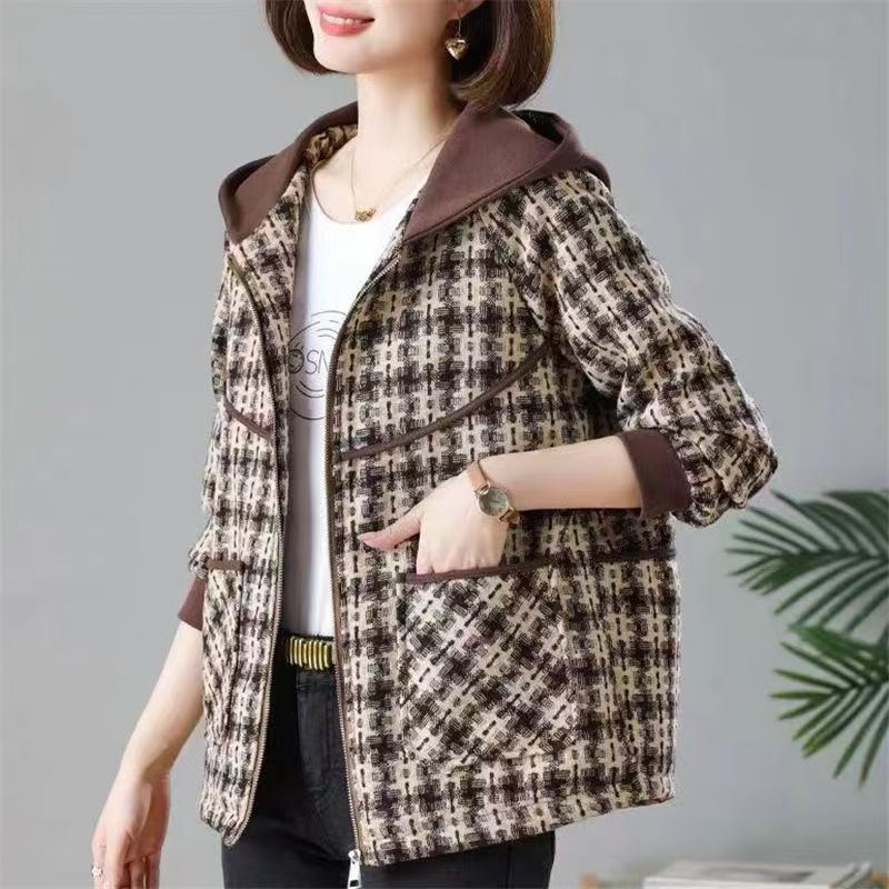 Chic Spring Hooded Checkered Coat Women Short Jacket Middle Aged Mom Fashion Casual Outerwear