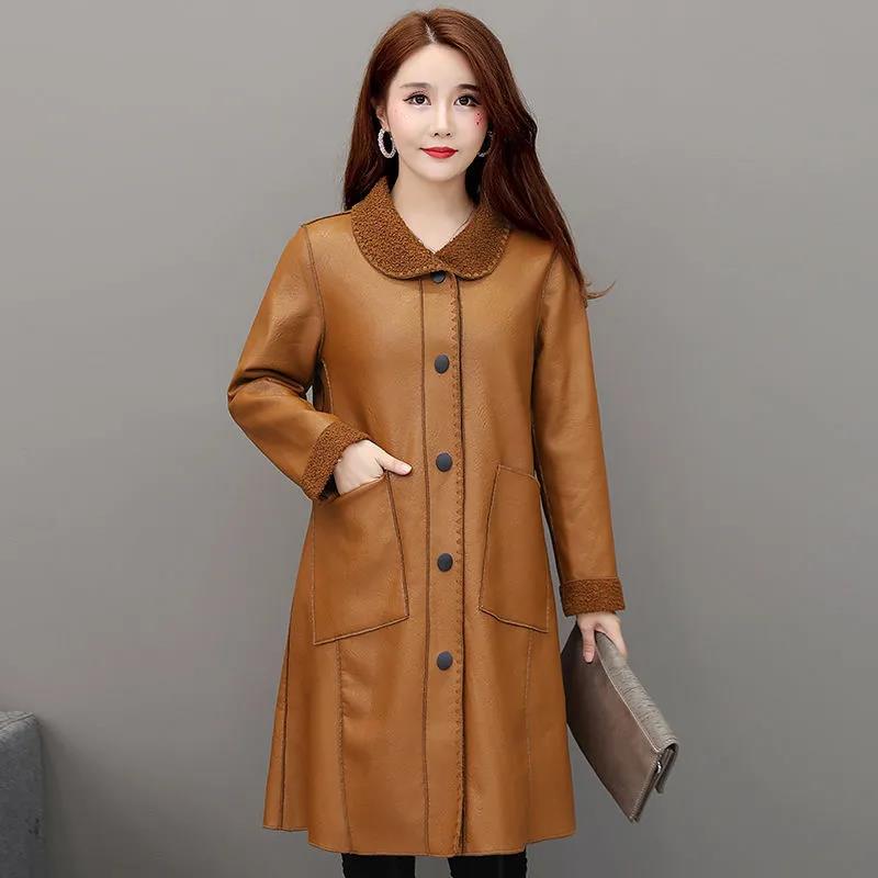 Winter Women's Leather Fashion Fur Coat Lamb Fur Coat Plus Velvet Thickening Medium Long Large Size Leather Coat
