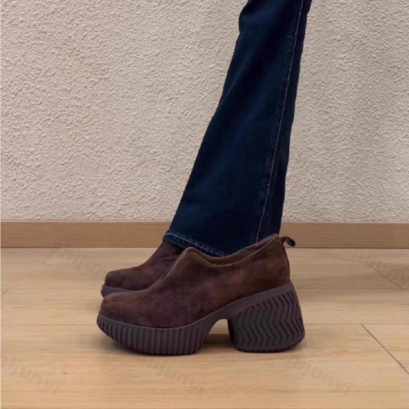 Женские массивные лоферы Ретро Элегантные Замшевые Скругленный носок Платформа Высокий каблук Модные Универсальные Без шнуровки Мягкие туфли-лодочки Mujer Zapatos