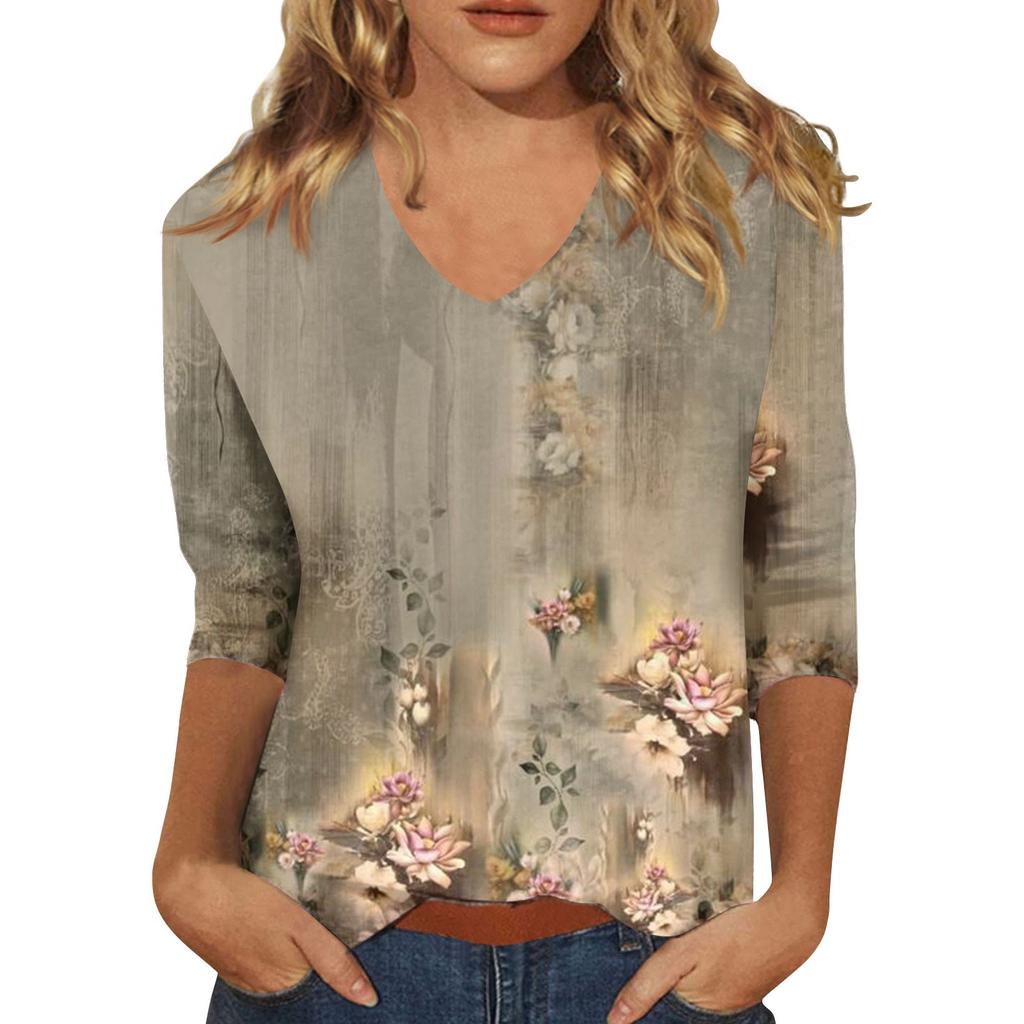 Women’s Fashion Everyday Everything Casual V-neck Seven-point Sleeve Printed T-shirt Top