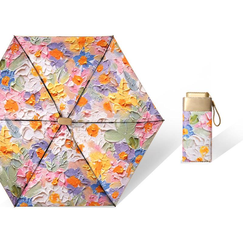 Small Fresh Portable Rain And Sun Anti-UV Umbrella Lady Chic Oil Painting Parasol Sunscreen Protection Mini Five-fold Umbrella