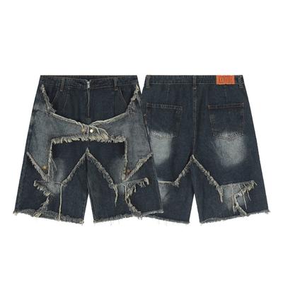 Винтажные джинсовые шорты Tassel Star Splicing Loose Jeans Shorts Men Hip Hop Streetwear Harajuku Y2K Shorts Summer