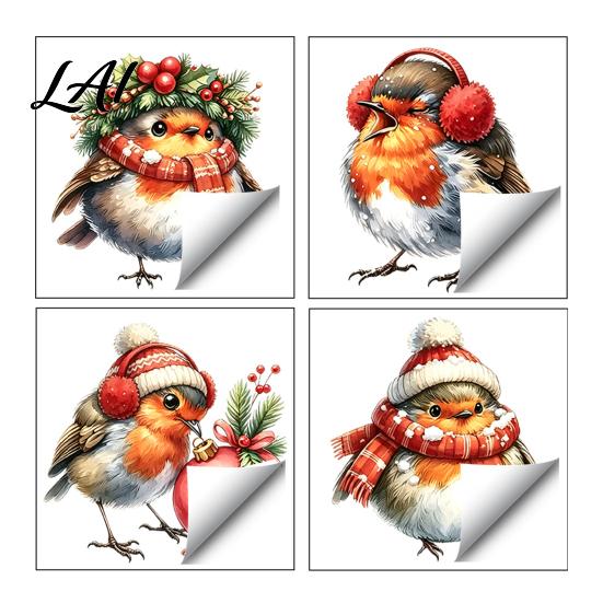 Christmas Bird Wall Decor Sticker Cute Watercolor Decals with Wreath/Scarf/Hat/Ear Warmer PVC Waterproof for Glass Window Stickers Holiday
