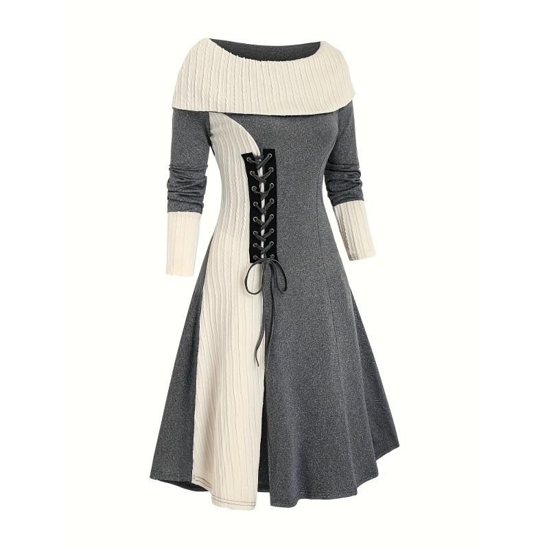 Повседневное трикотажное платье А-силуэта с колор-блоком и шнуровкой, с длинным рукавом и вырезом «лодочка» для осени и зимы