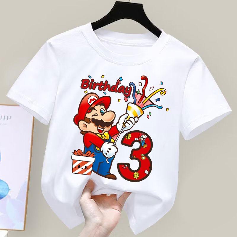 Футболки с принтом Super Marioes Bros Номер 1-10 Аниме Мультфильм Милый Топ с короткими рукавами Мальчики Девочки Летний Хлопковый Круглый Вырез Футболка