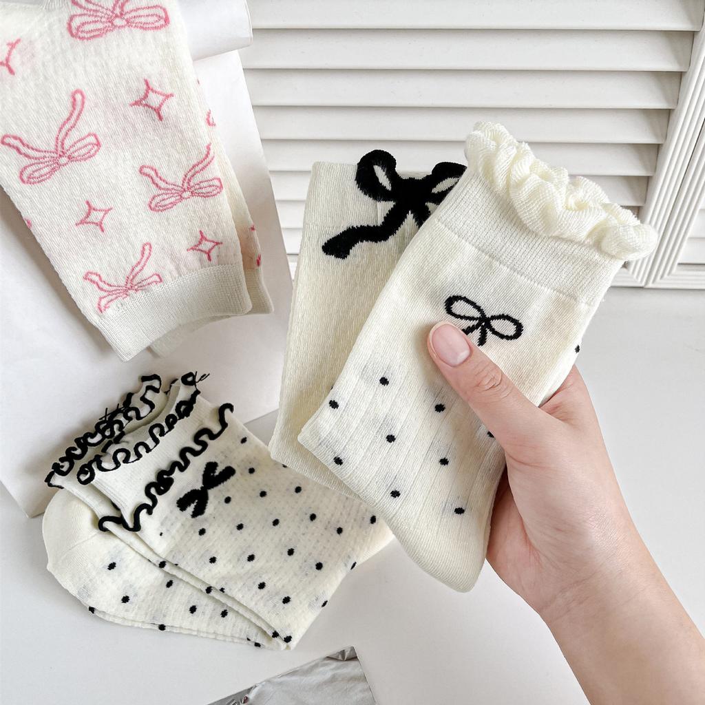 Bow Socks For Women Mid-Season Tube Socks Thin Sweat-Absorbing Stockings Black And White Versatile Trendy Socks