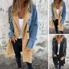 Women Spring Fall Coat Denim Jacket Overcoat Patchwork Double-breasted with Flap Pockets
