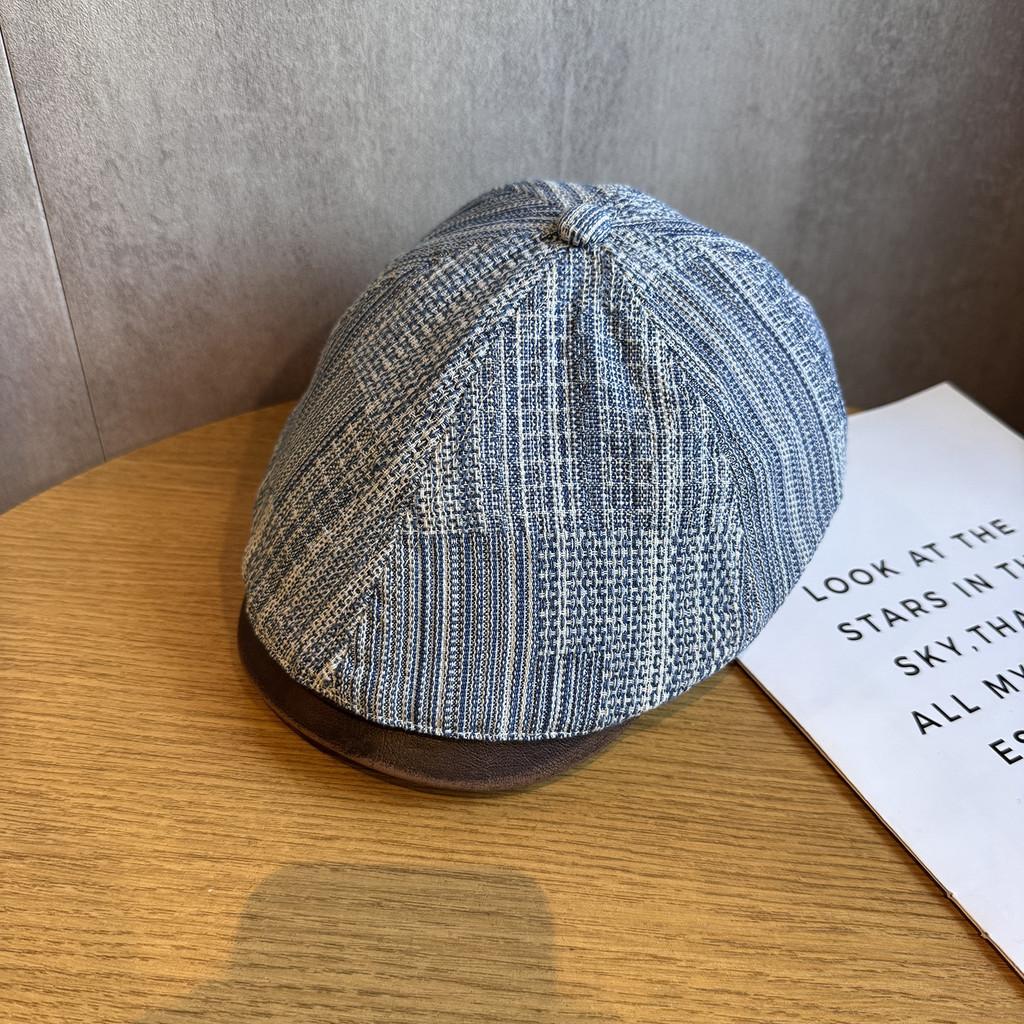 Spliced Design Minimally Striped Women Denim Casual Beret For Autumn And Winter