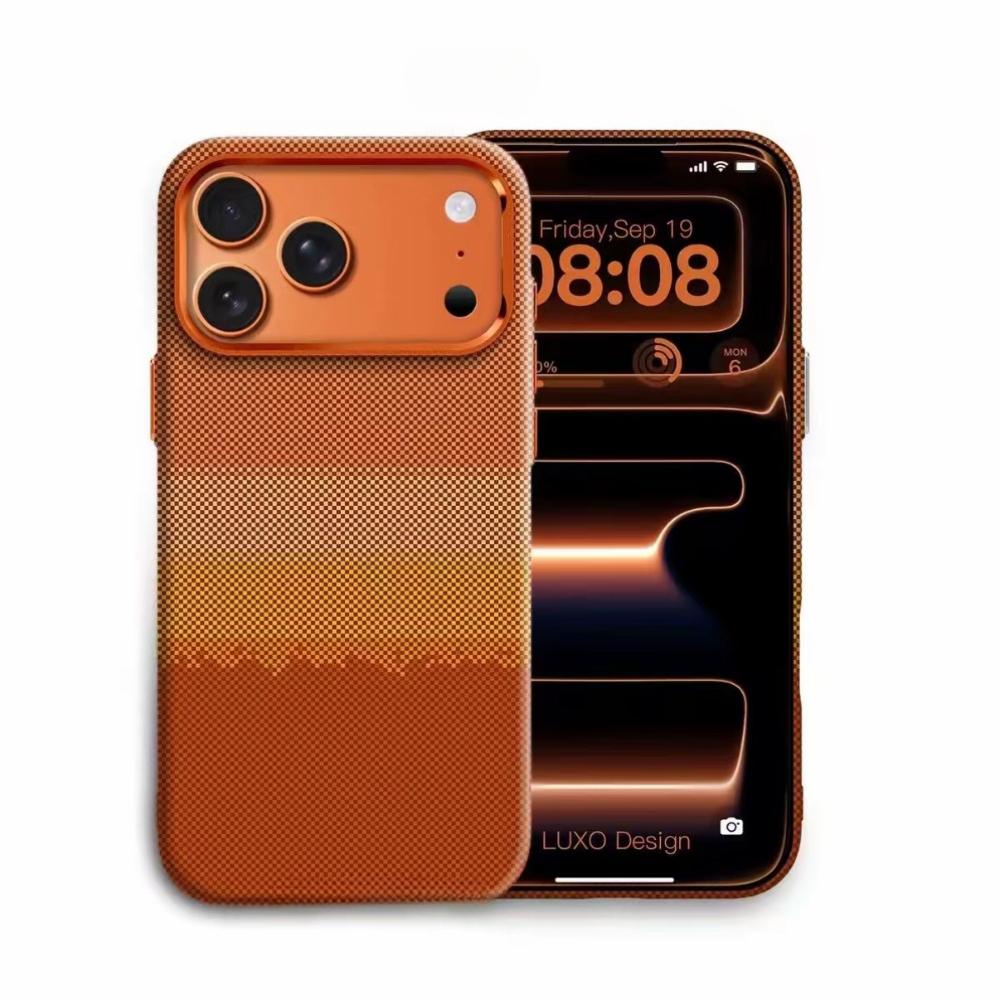 Яркий Оранжевый Принт Магнитный Чехол для Телефона для IPhone 17 Pro Max Углеродный Цвет Жесткая Задняя Крышка из ПК Защитный Чехол с Металлической Рамкой для Камеры
