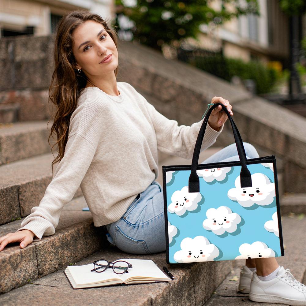 Cute Cloud Printed Canvas Tote Bag Casual Large Capacity Portable Handbag for Daily Shopping Travel Outdoor Use