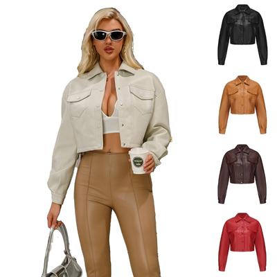 Весна и осень новый стиль свободная повседневная кожаная куртка женская с длинным рукавом однобортная женская короткая куртка с лацканами мода