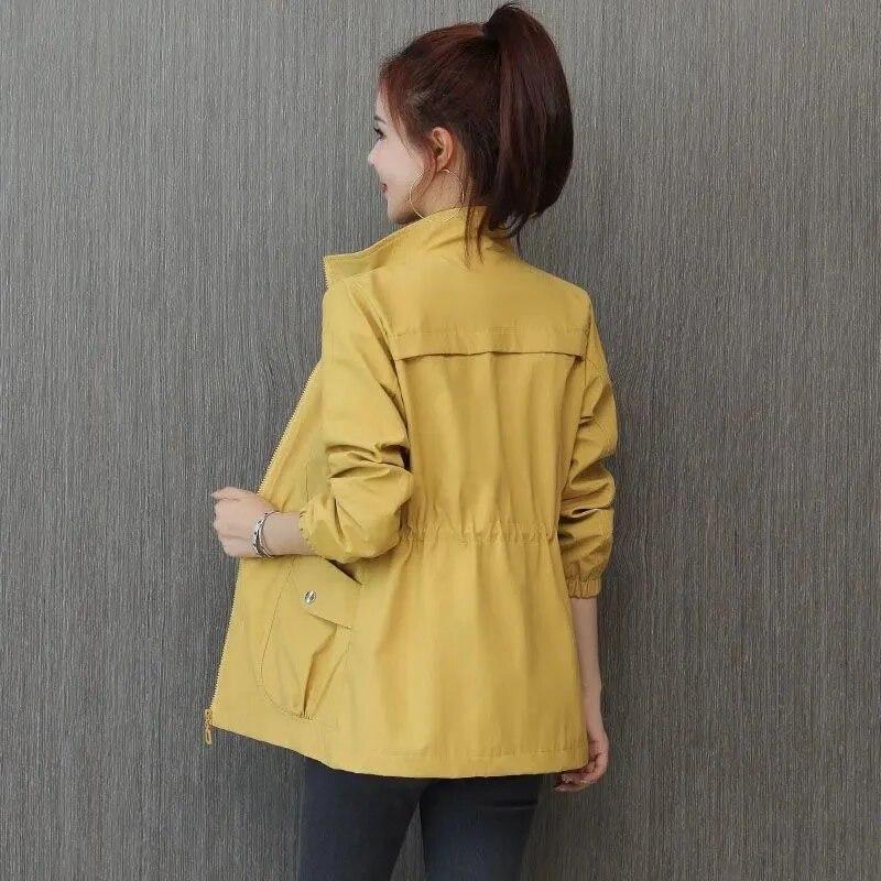 Women Trench Coats Casual Lapel Drawstring Windbreake Spring Loose Gabardina Khaki Mid-length Jacket Big Size